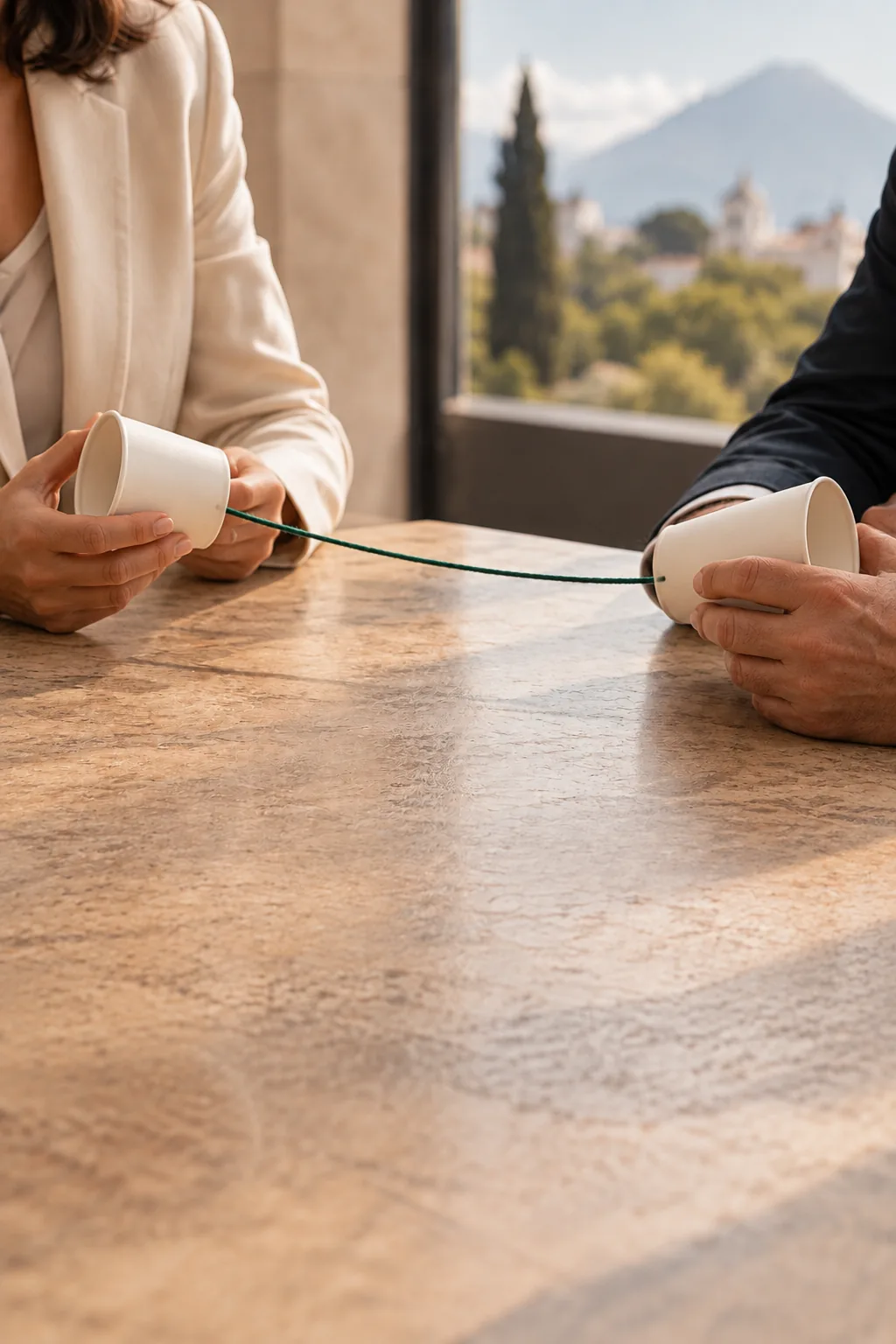 Dos personas sostienen vasos conectados por un hilo verde durante una conversación