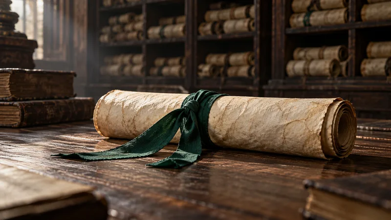 Parchment tied with a green ribbon in an archive